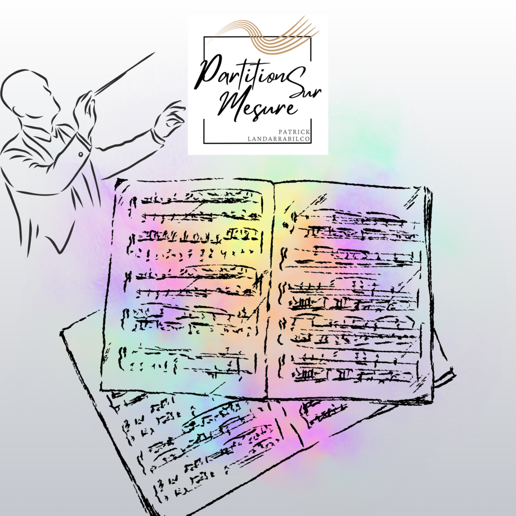 Illustration d’un chef d’orchestre et de partitions manuscrites, avec le logo Partition Sur Mesure